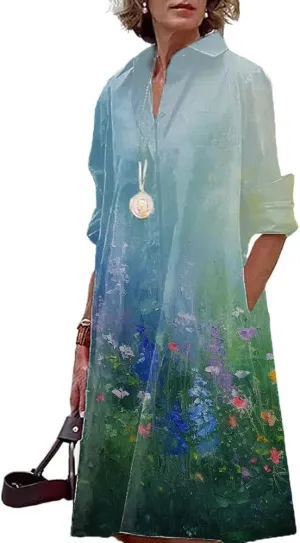 Boho Sun Dresses for Women Casual Fashion Comfy V Neck Business Midi Shirts Dresses Womens Button Down Shirt Dress