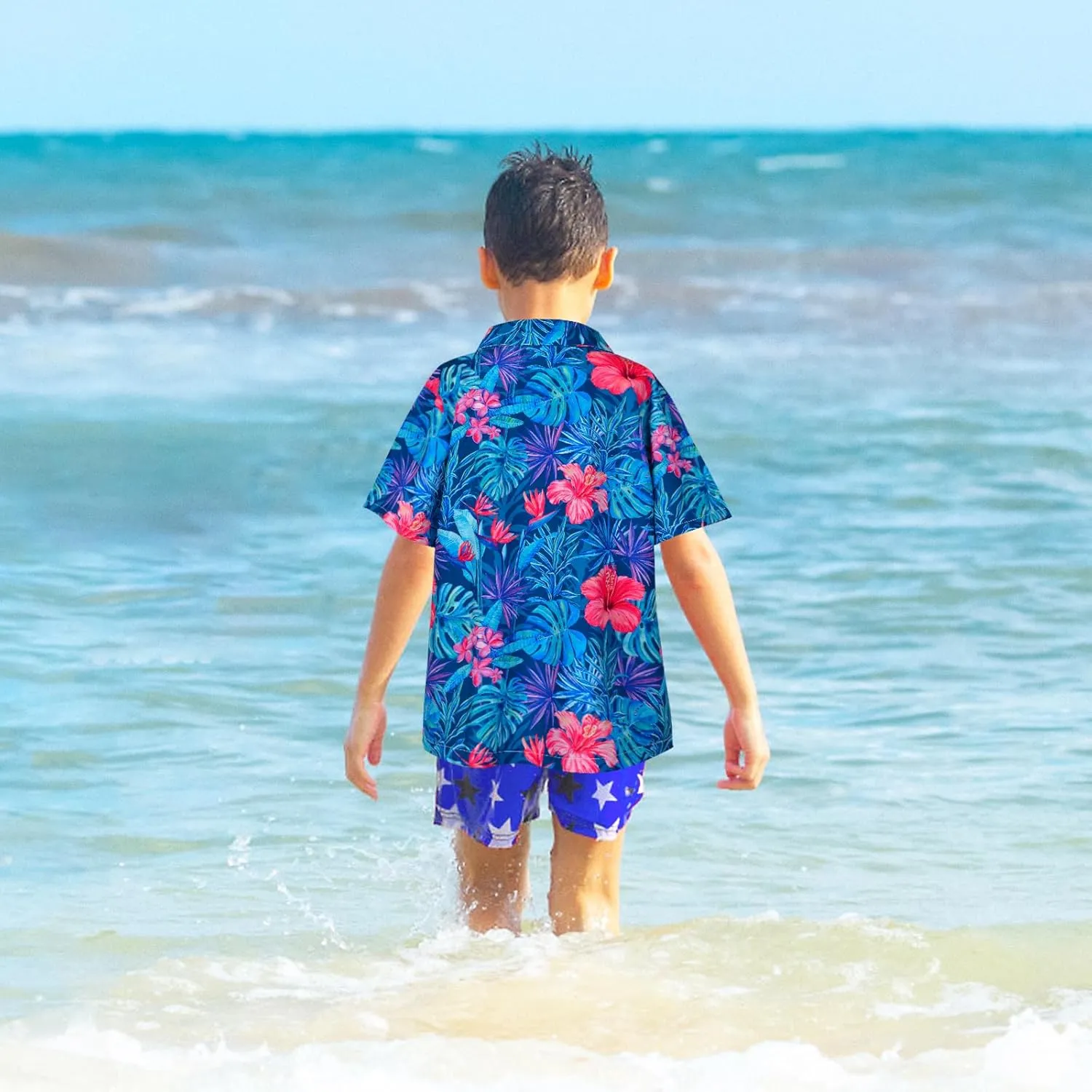 Boy's Button Down Hawaiian Shirts Short Sleeve Cool Cartoon Print Aloha Dress Tops T-Shirt for Kids 7-12T