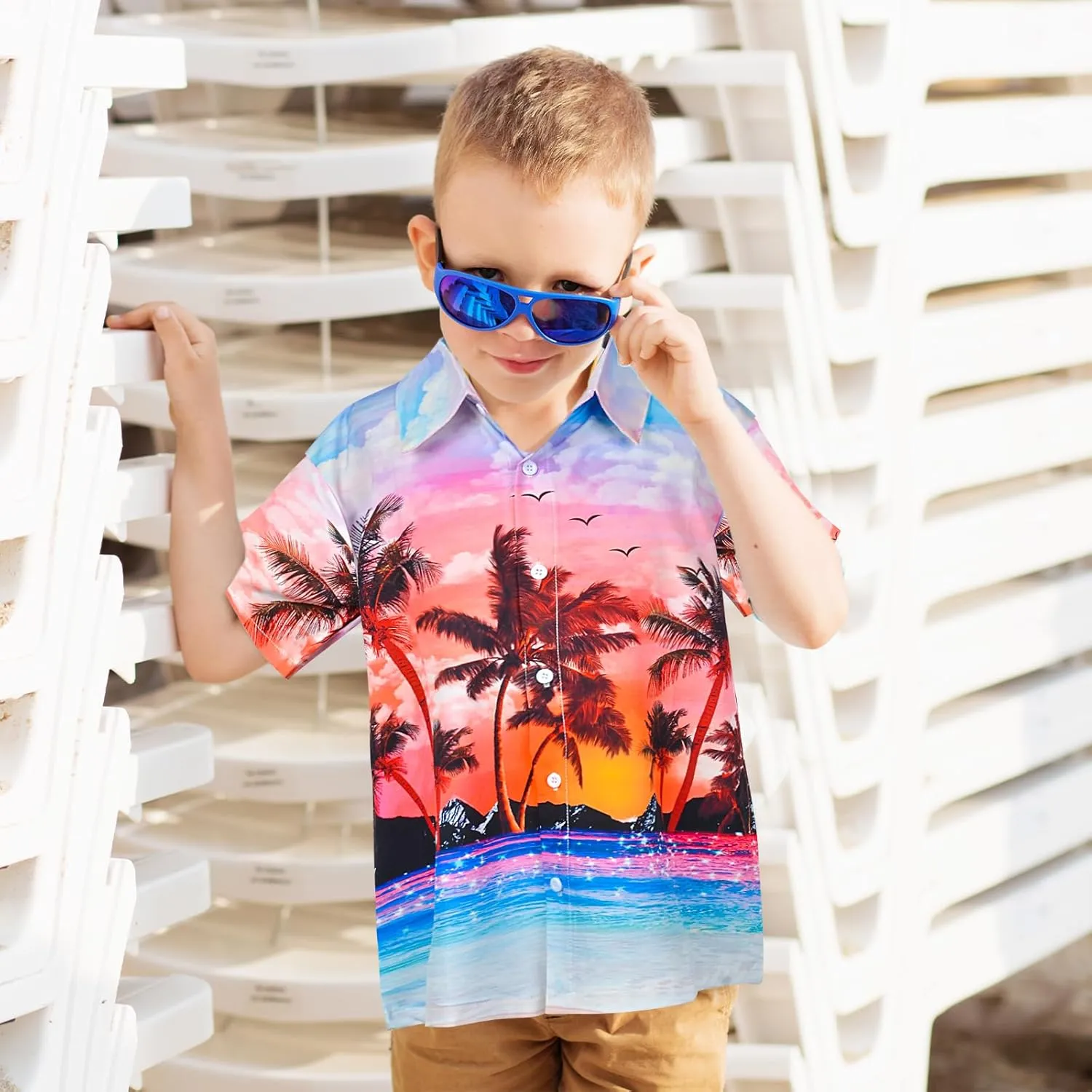 Boy's Button Down Hawaiian Shirts Short Sleeve Cool Cartoon Print Aloha Dress Tops T-Shirt for Kids 7-12T