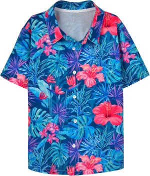 Boy's Button Down Hawaiian Shirts Short Sleeve Cool Cartoon Print Aloha Dress Tops T-Shirt for Kids 7-12T