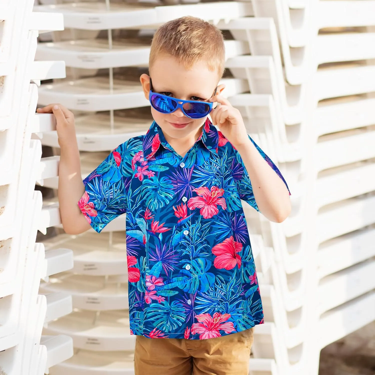 Boy's Button Down Hawaiian Shirts Short Sleeve Cool Cartoon Print Aloha Dress Tops T-Shirt for Kids 7-12T