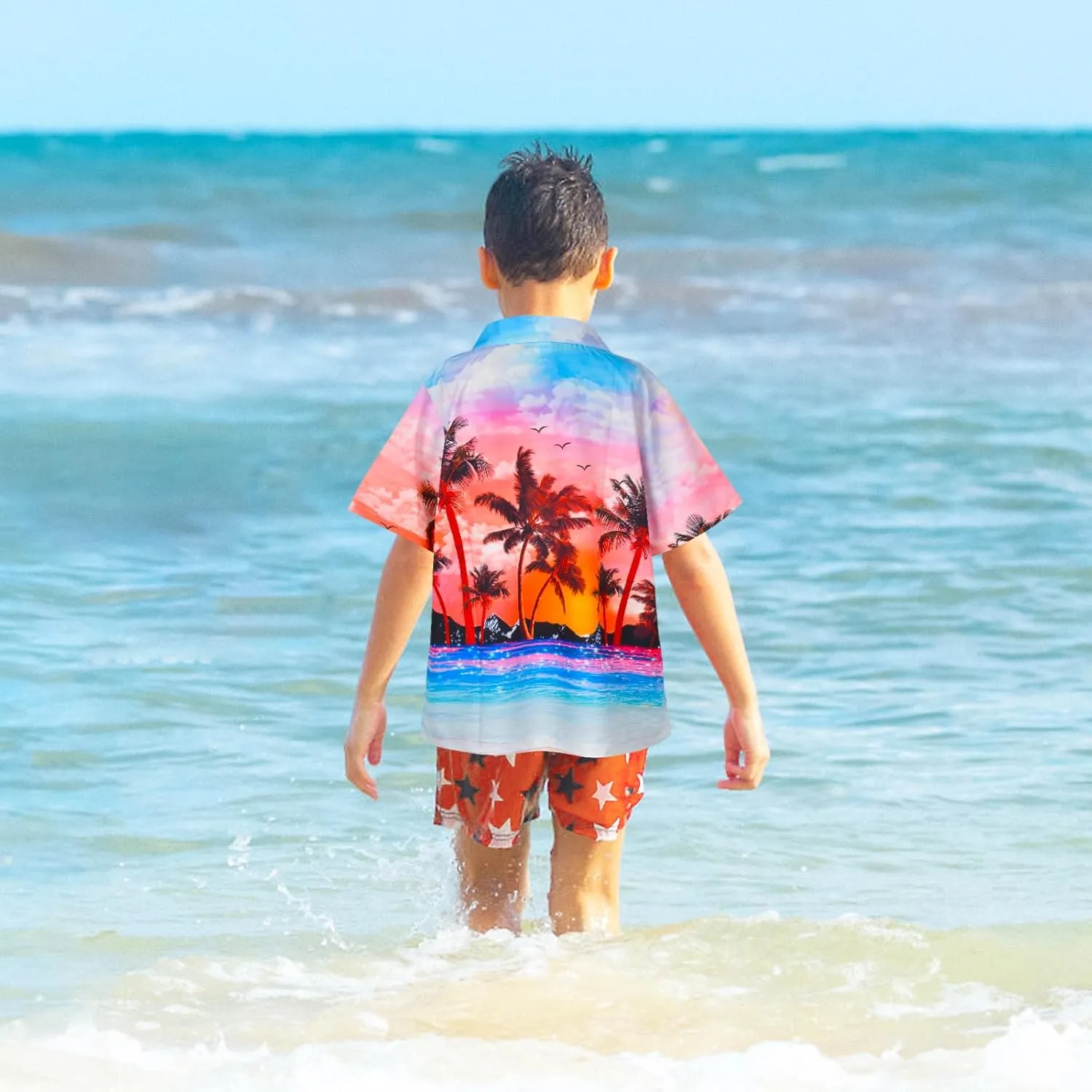 Boy's Button Down Hawaiian Shirts Short Sleeve Cool Cartoon Print Aloha Dress Tops T-Shirt for Kids 7-12T