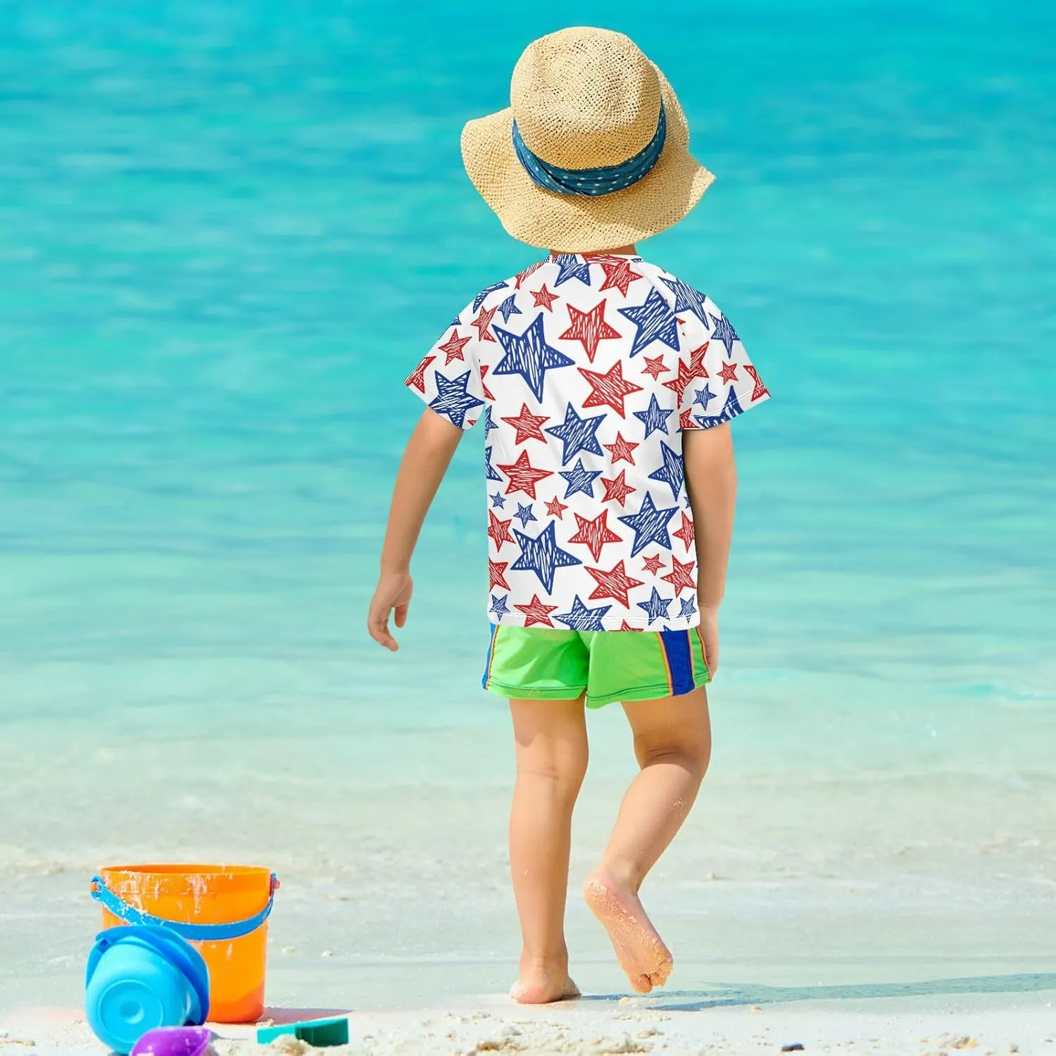 Boys Rash Guard Short Sleeve UPF 50  American Flag Colors Star Quick Dry Swim Shirts Swimwear for 3-12Y