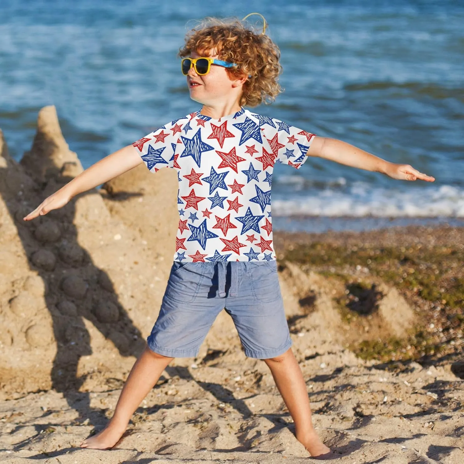 Boys Rash Guard Short Sleeve UPF 50  American Flag Colors Star Quick Dry Swim Shirts Swimwear for 3-12Y