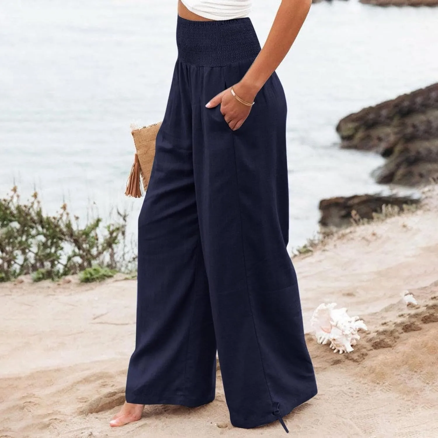 Business Casual Pants for Women Loose Wide Leg Palazzo Slacks 2025 Summer Long Linen Pants Baggy Trousers