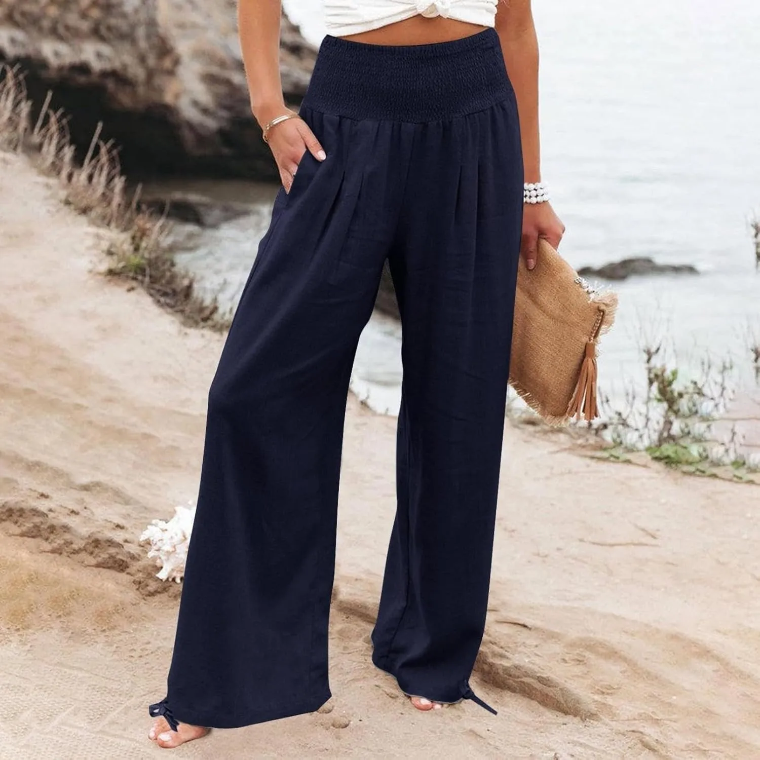 Business Casual Pants for Women Loose Wide Leg Palazzo Slacks 2025 Summer Long Linen Pants Baggy Trousers