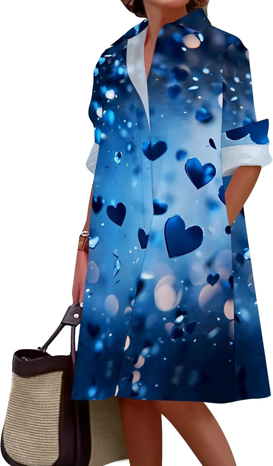 Button Down Shirt Dress for Women Casual Loose Long Sleeve Shirts A-Line Midi Shift Tunic Dress with Pockets