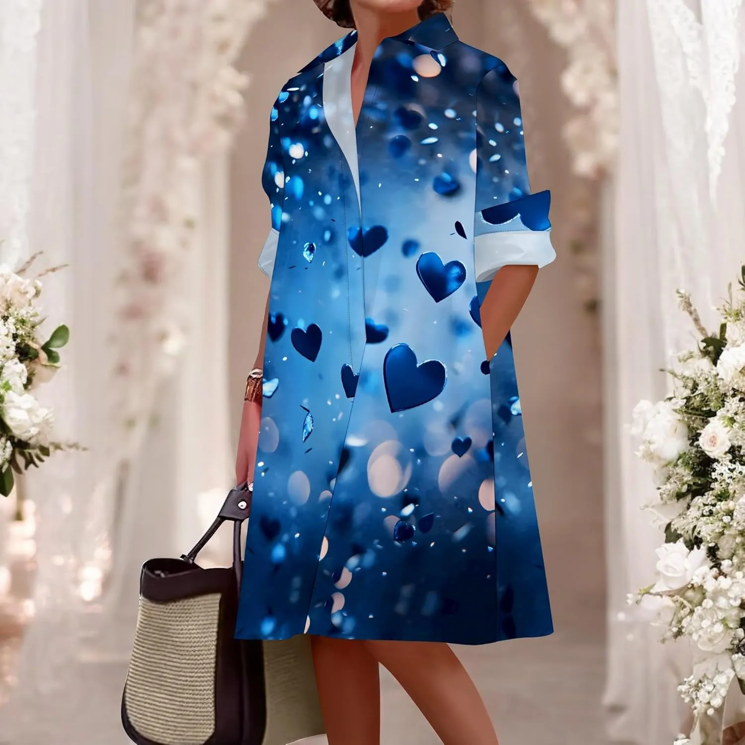 Button Down Shirt Dress for Women Casual Loose Long Sleeve Shirts A-Line Midi Shift Tunic Dress with Pockets
