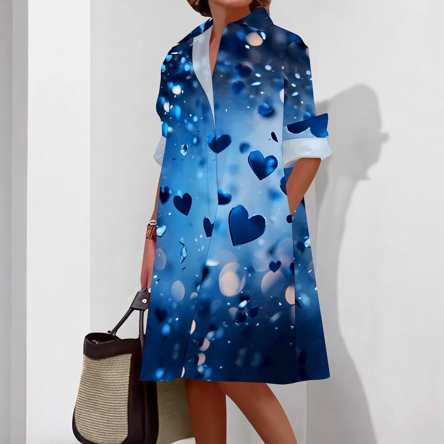 Button Down Shirt Dress for Women Casual Loose Long Sleeve Shirts A-Line Midi Shift Tunic Dress with Pockets