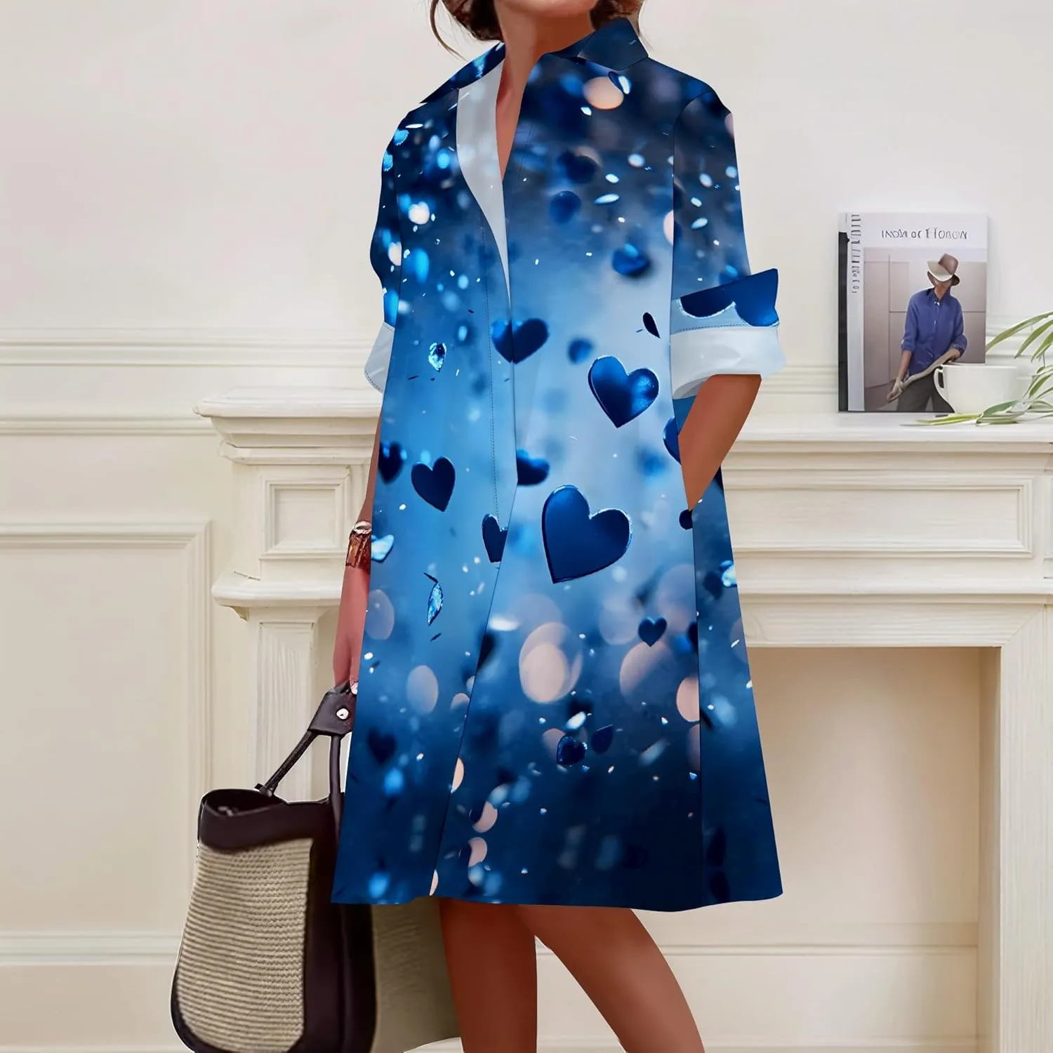 Button Down Shirt Dress for Women Casual Loose Long Sleeve Shirts A-Line Midi Shift Tunic Dress with Pockets