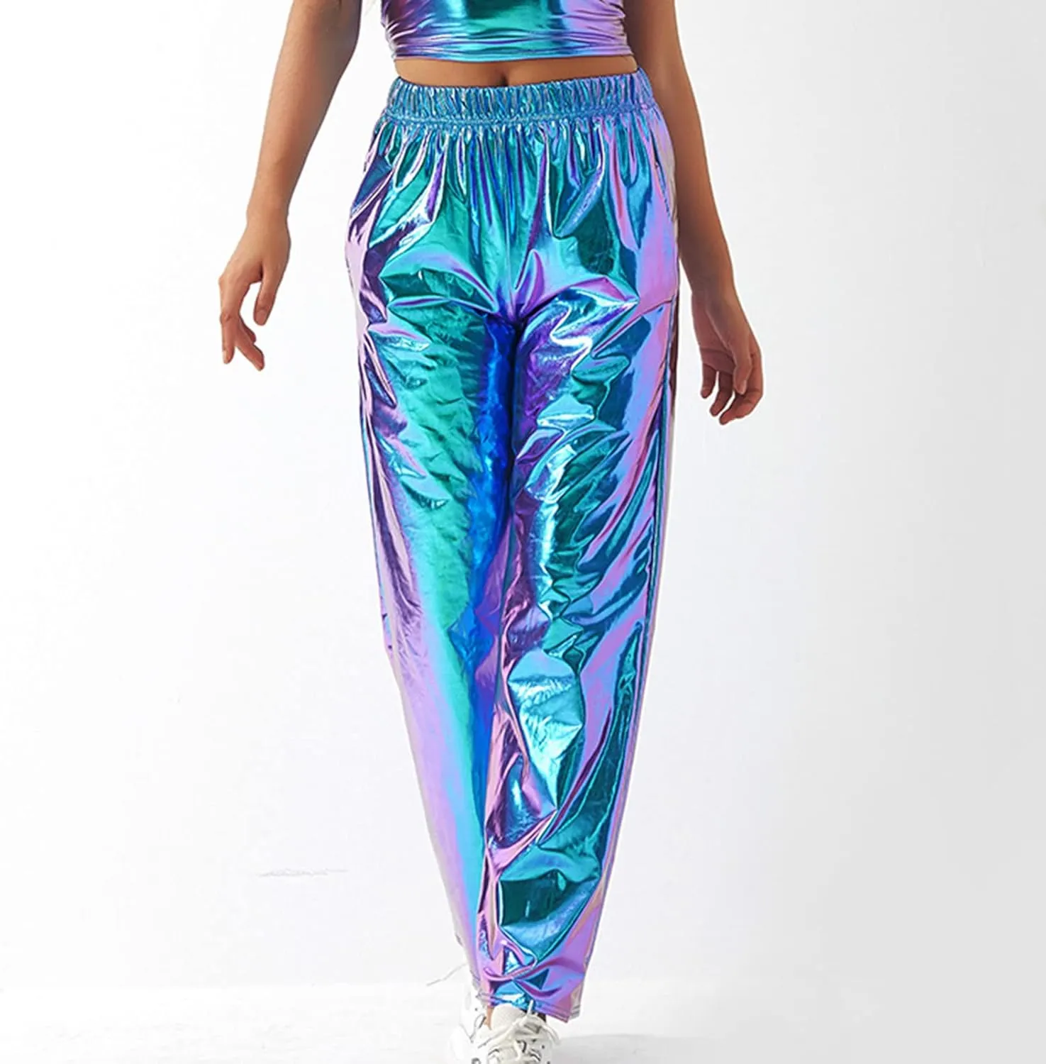 BZGTZT Women's Shiny Metallic High Waist Stretchy Jogger Pants, Wet Look Hip Hop Club Wear Holographic Trousers Sweatpant