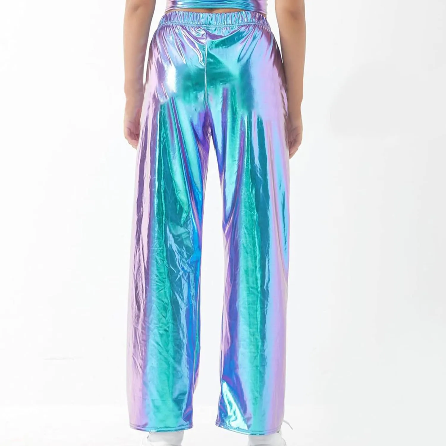 BZGTZT Women's Shiny Metallic High Waist Stretchy Jogger Pants, Wet Look Hip Hop Club Wear Holographic Trousers Sweatpant