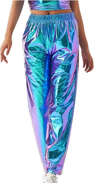 BZGTZT Women's Shiny Metallic High Waist Stretchy Jogger Pants, Wet Look Hip Hop Club Wear Holographic Trousers Sweatpant