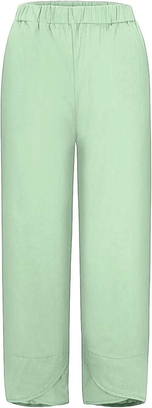 Capri Linen Pants for Womens Casual Elastic Waisted Cropped Baggy Trousers Yoga Comfy Loose Palazzo Lounge Pants