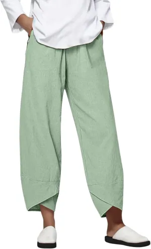 Capri Linen Pants for Womens Casual Elastic Waisted Cropped Baggy Trousers Yoga Comfy Loose Palazzo Lounge Pants