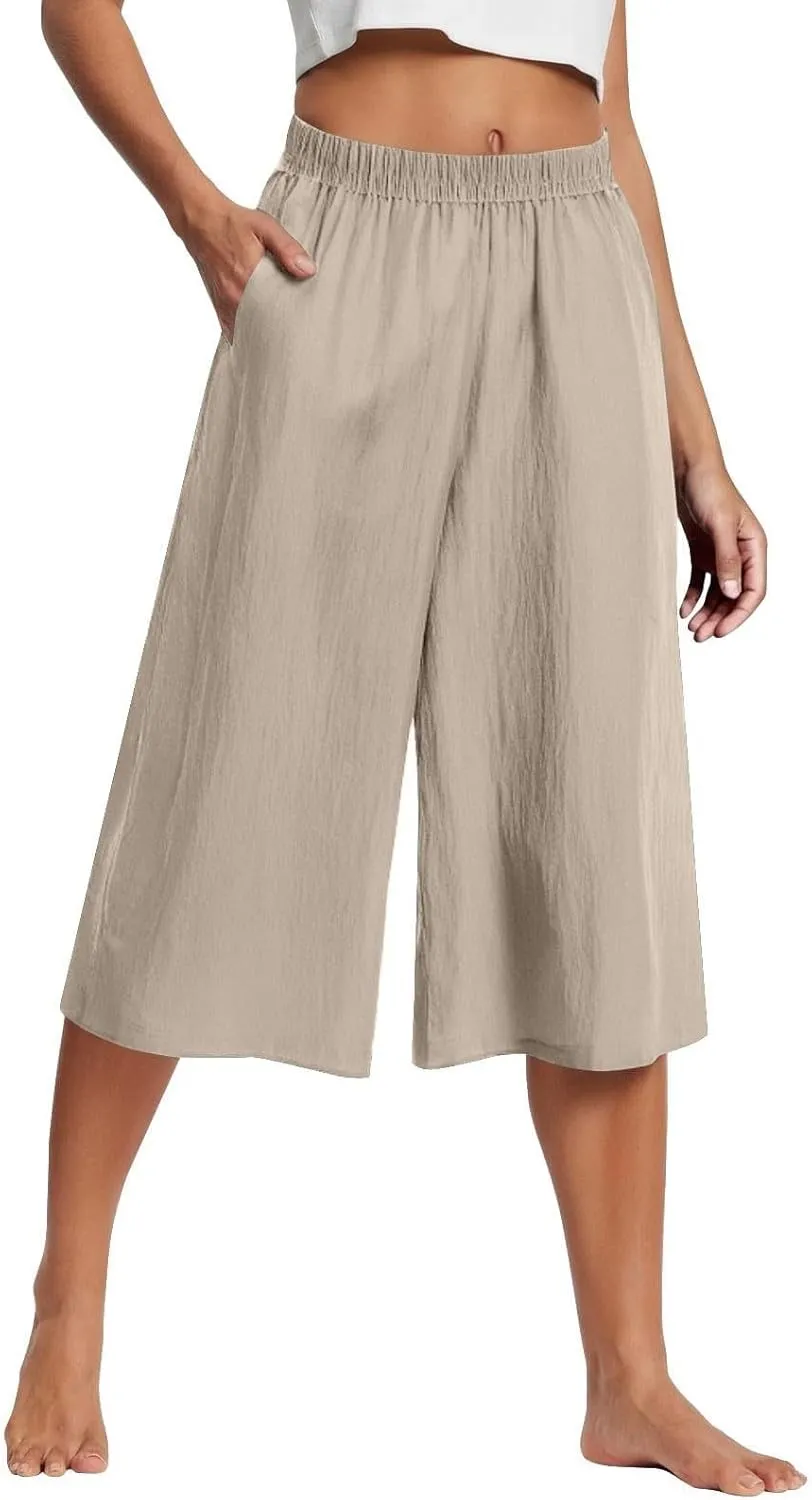 Capri Pants for Women High Waisted Wide Leg Linen Palazzo Trousers Pull On Elastic Smock Waist Loose Flowy Pants
