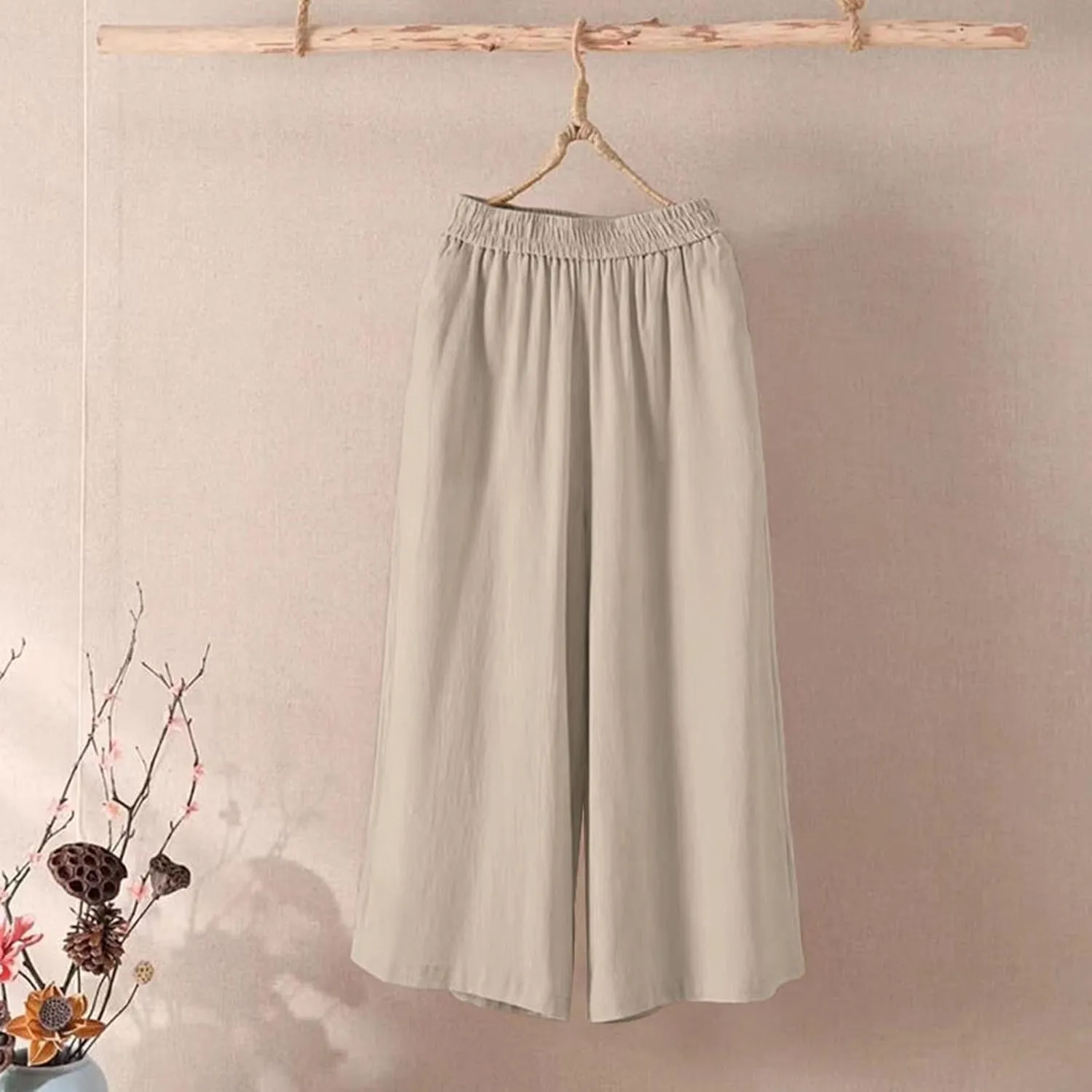 Capri Pants for Women High Waisted Wide Leg Linen Palazzo Trousers Pull On Elastic Smock Waist Loose Flowy Pants