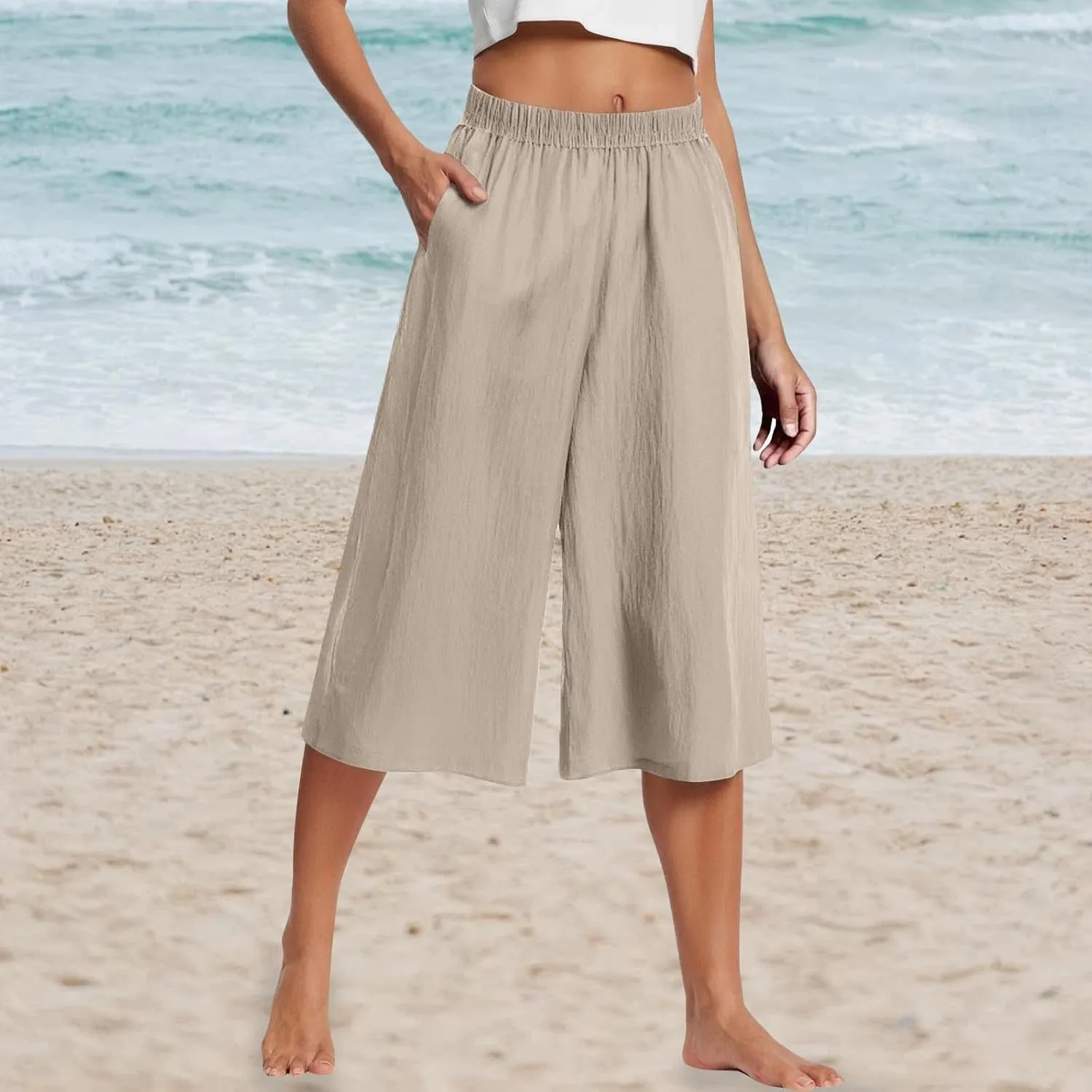 Capri Pants for Women High Waisted Wide Leg Linen Palazzo Trousers Pull On Elastic Smock Waist Loose Flowy Pants