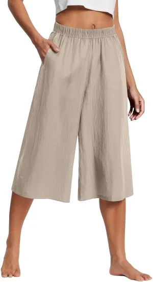Capri Pants for Women High Waisted Wide Leg Linen Palazzo Trousers Pull On Elastic Smock Waist Loose Flowy Pants