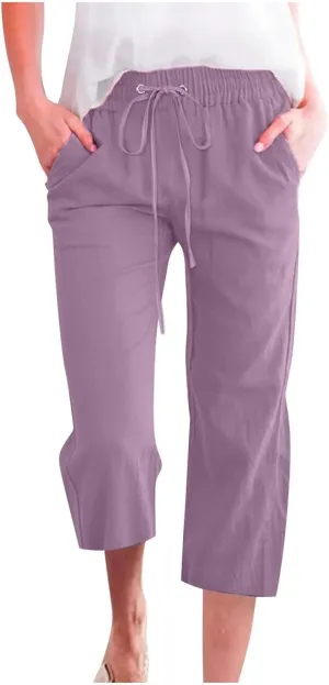 Capri Pants for Women Linen Casual Summer Drawstring Elastic High Waist Straight Wide Leg Cropped Trouser with Pocket