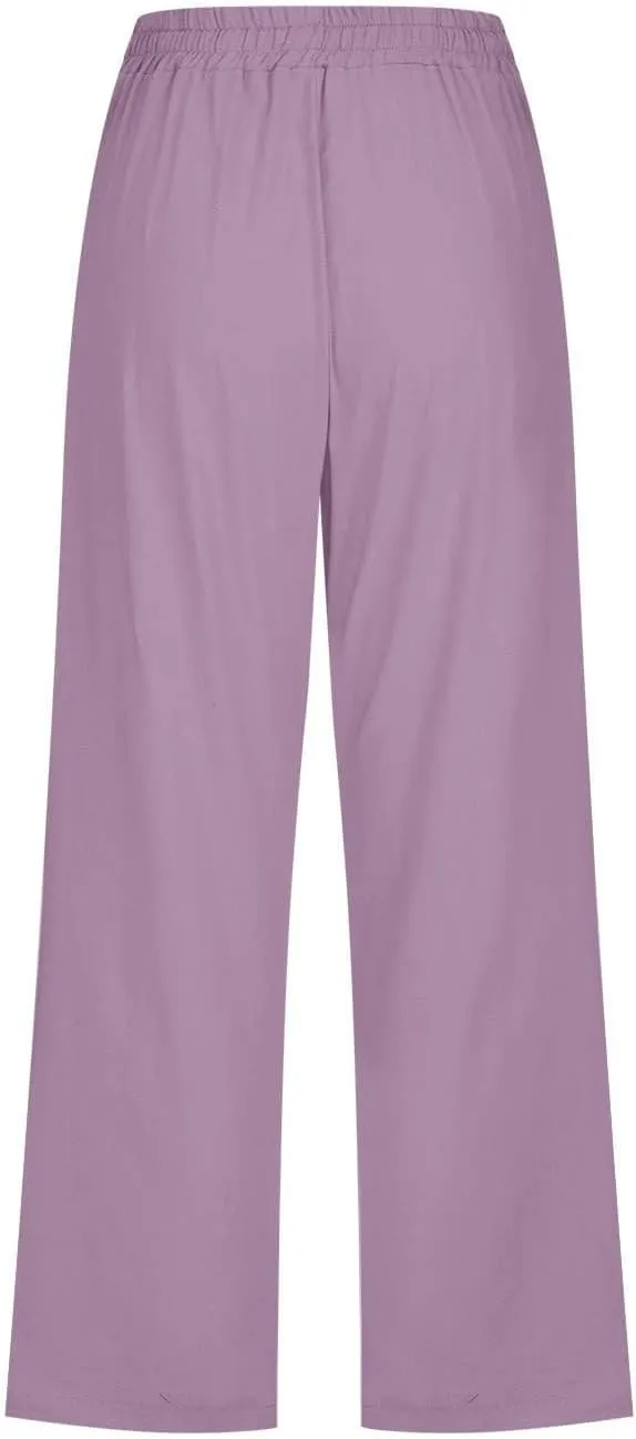Capri Pants for Women Linen Casual Summer Drawstring Elastic High Waist Straight Wide Leg Cropped Trouser with Pocket