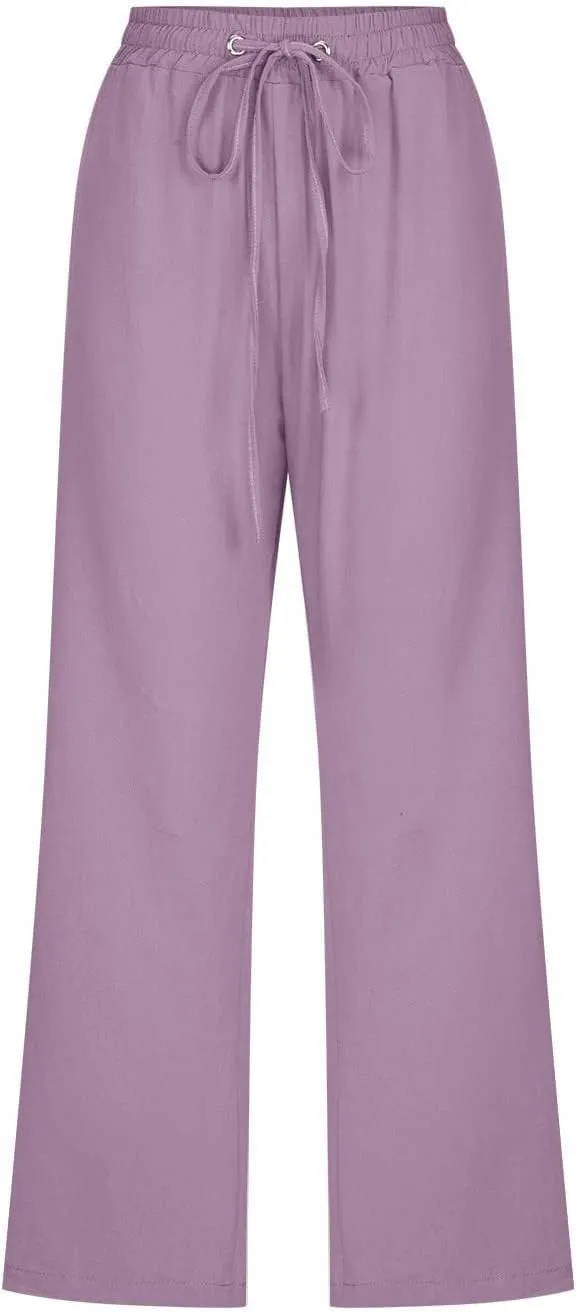 Capri Pants for Women Linen Casual Summer Drawstring Elastic High Waist Straight Wide Leg Cropped Trouser with Pocket