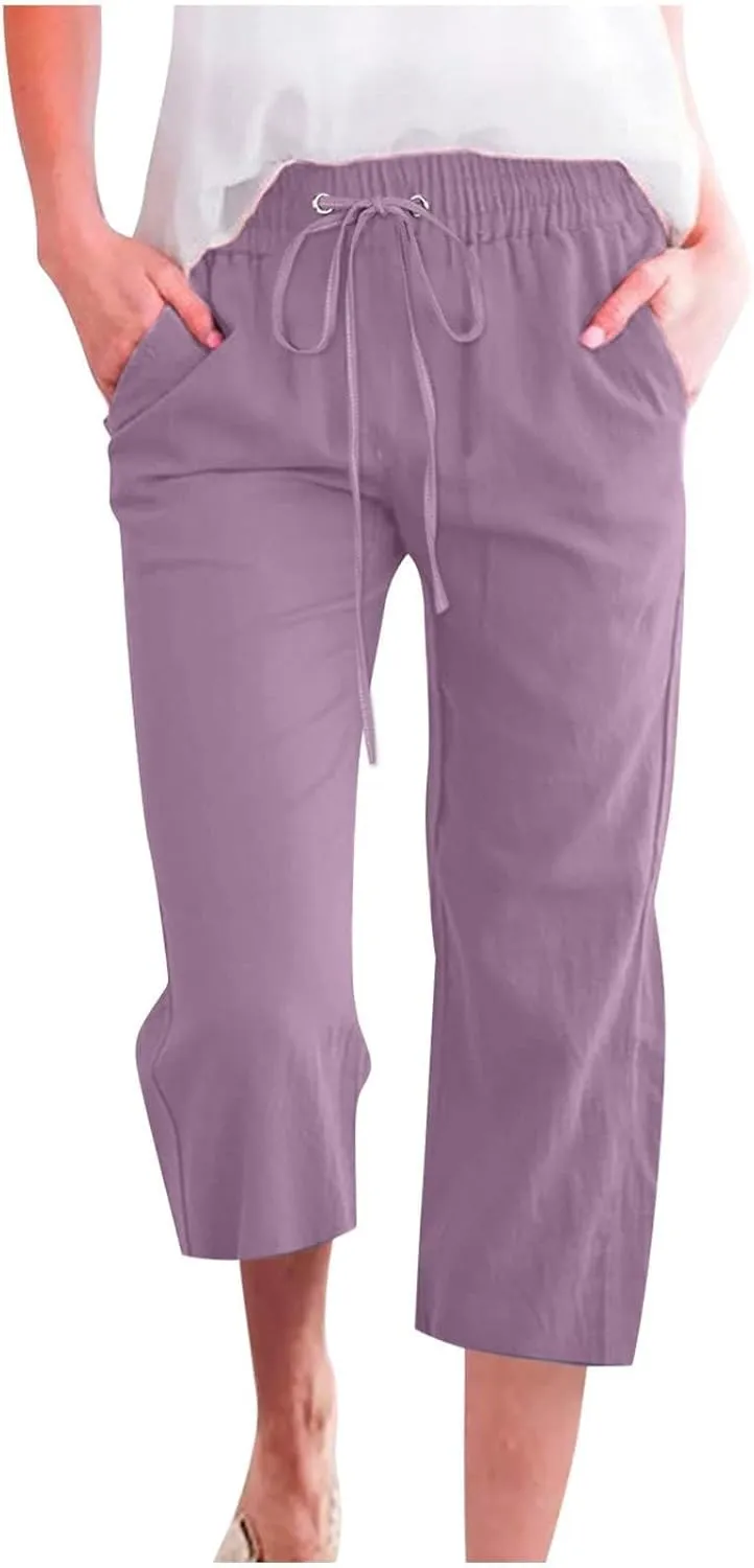 Capri Pants for Women Linen Casual Summer Drawstring Elastic High Waist Straight Wide Leg Cropped Trouser with Pocket