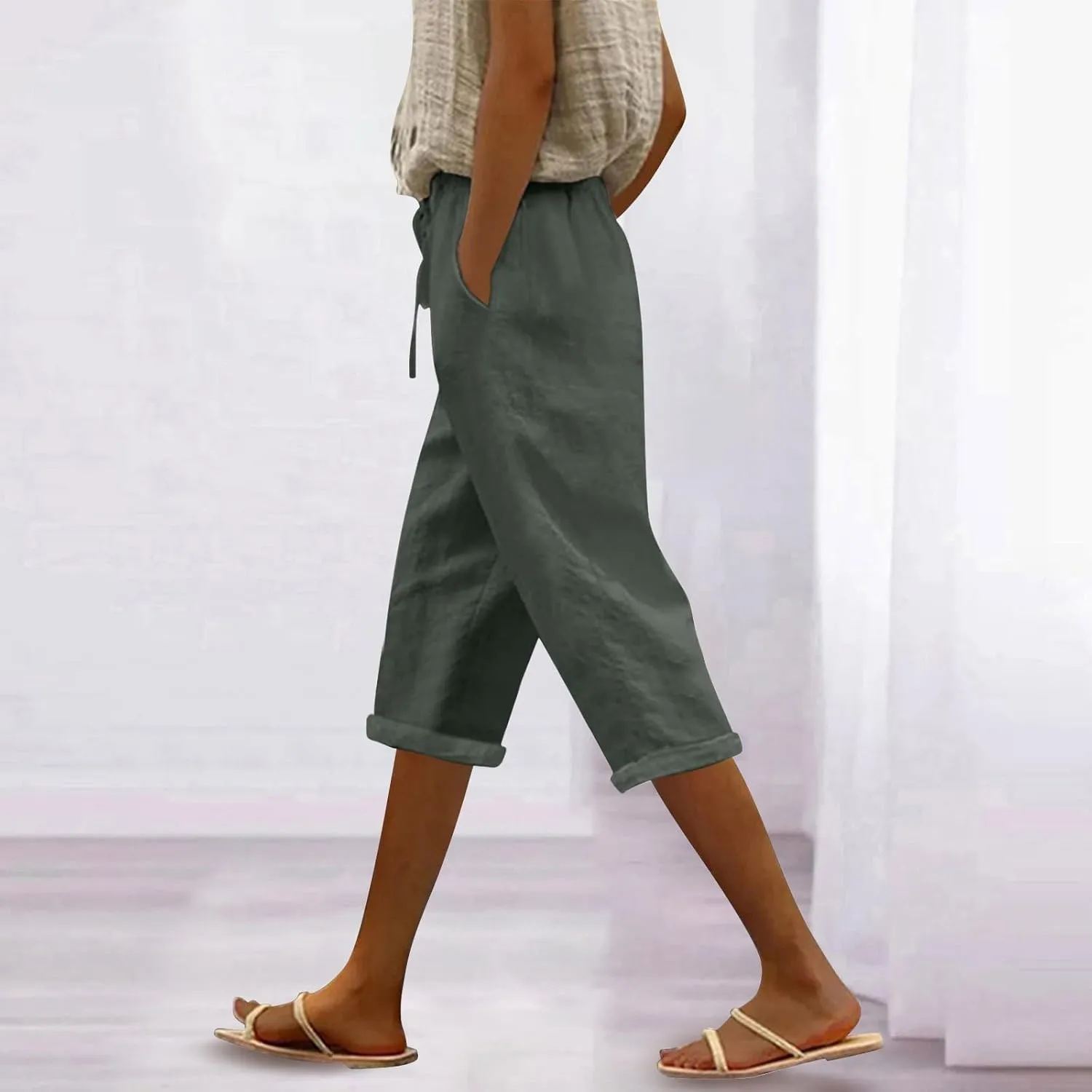 Capri Pants for Women Summer Casual Drawstring Elastic High Waist Linen Pant Straight Wide Leg Cropped Trouser