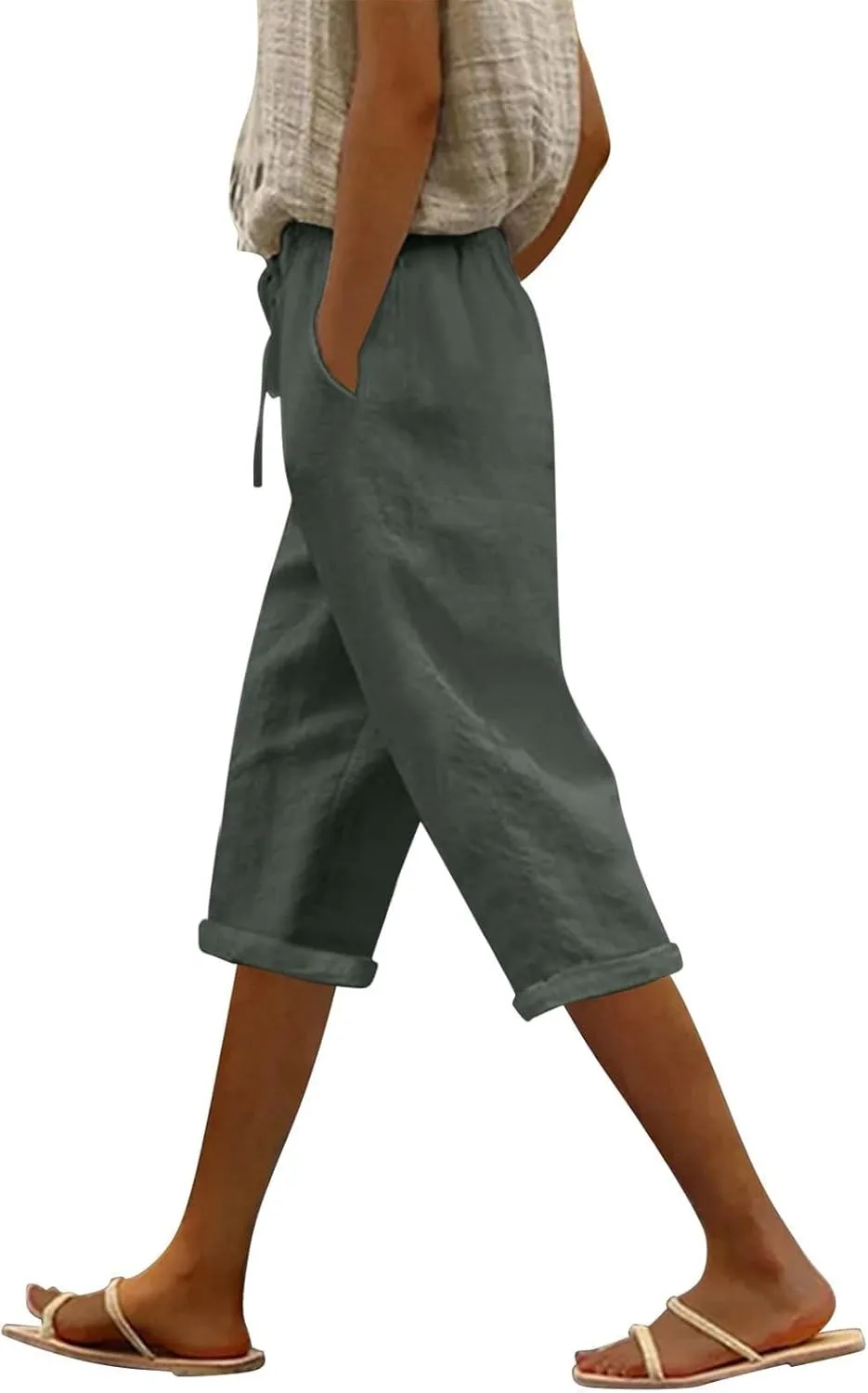 Capri Pants for Women Summer Casual Drawstring Elastic High Waist Linen Pant Straight Wide Leg Cropped Trouser