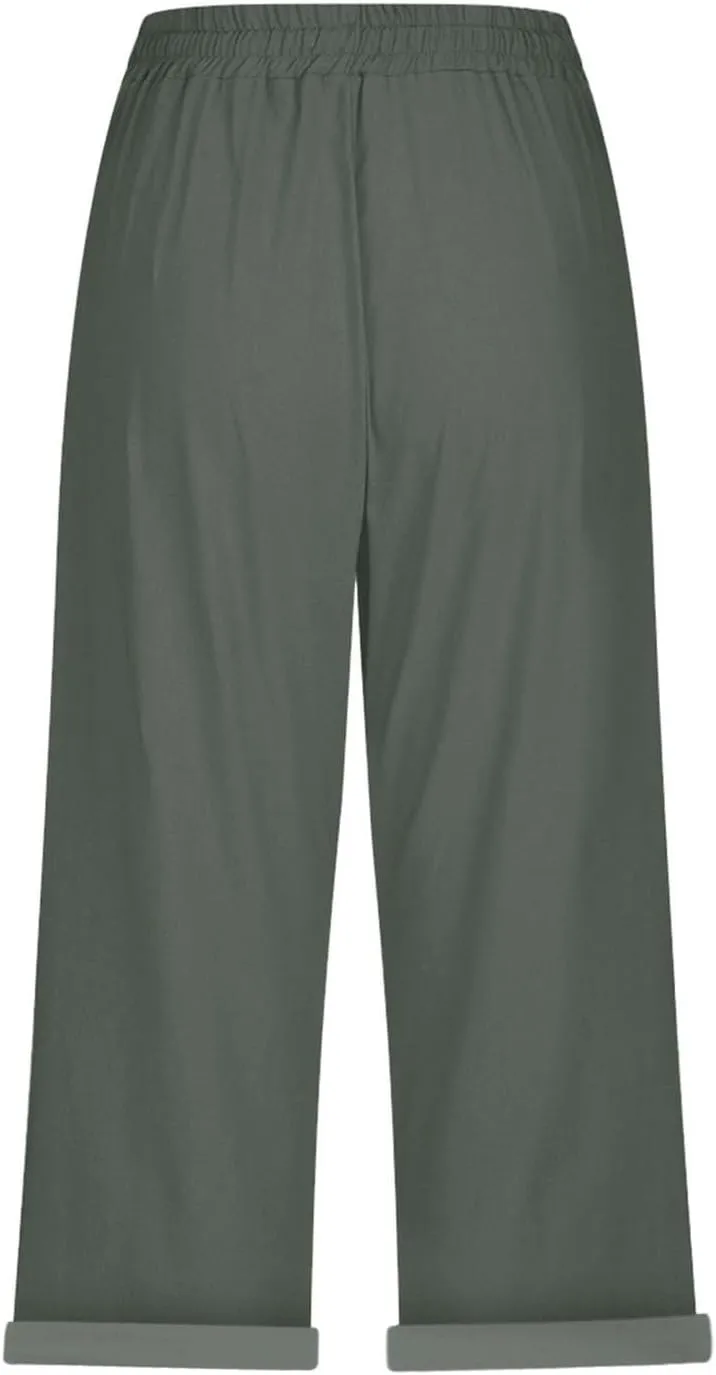 Capri Pants for Women Summer Casual Drawstring Elastic High Waist Linen Pant Straight Wide Leg Cropped Trouser