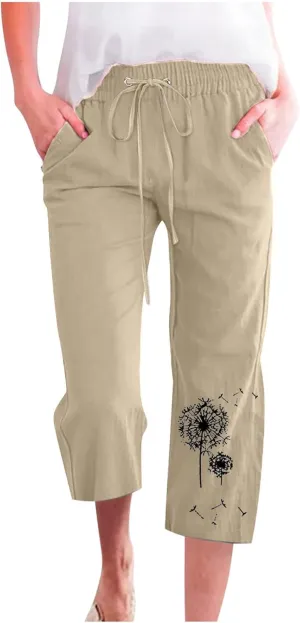 Capri Pants Women Stretch Plus Size Summer Casual Comfy Wide Leg Drawstring Elastic High Waist Linen Straight Trouser