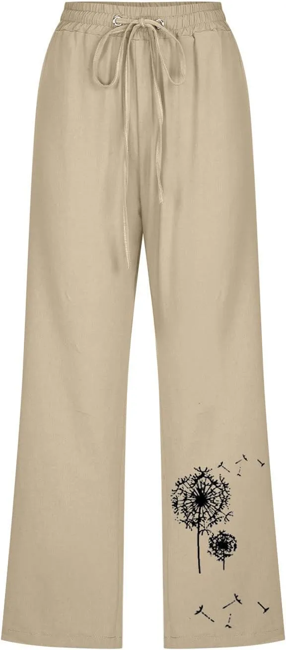 Capri Pants Women Stretch Plus Size Summer Casual Comfy Wide Leg Drawstring Elastic High Waist Linen Straight Trouser