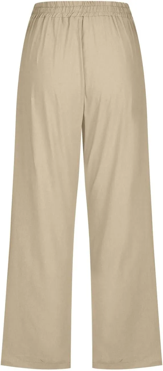 Capri Pants Women Stretch Plus Size Summer Casual Comfy Wide Leg Drawstring Elastic High Waist Linen Straight Trouser