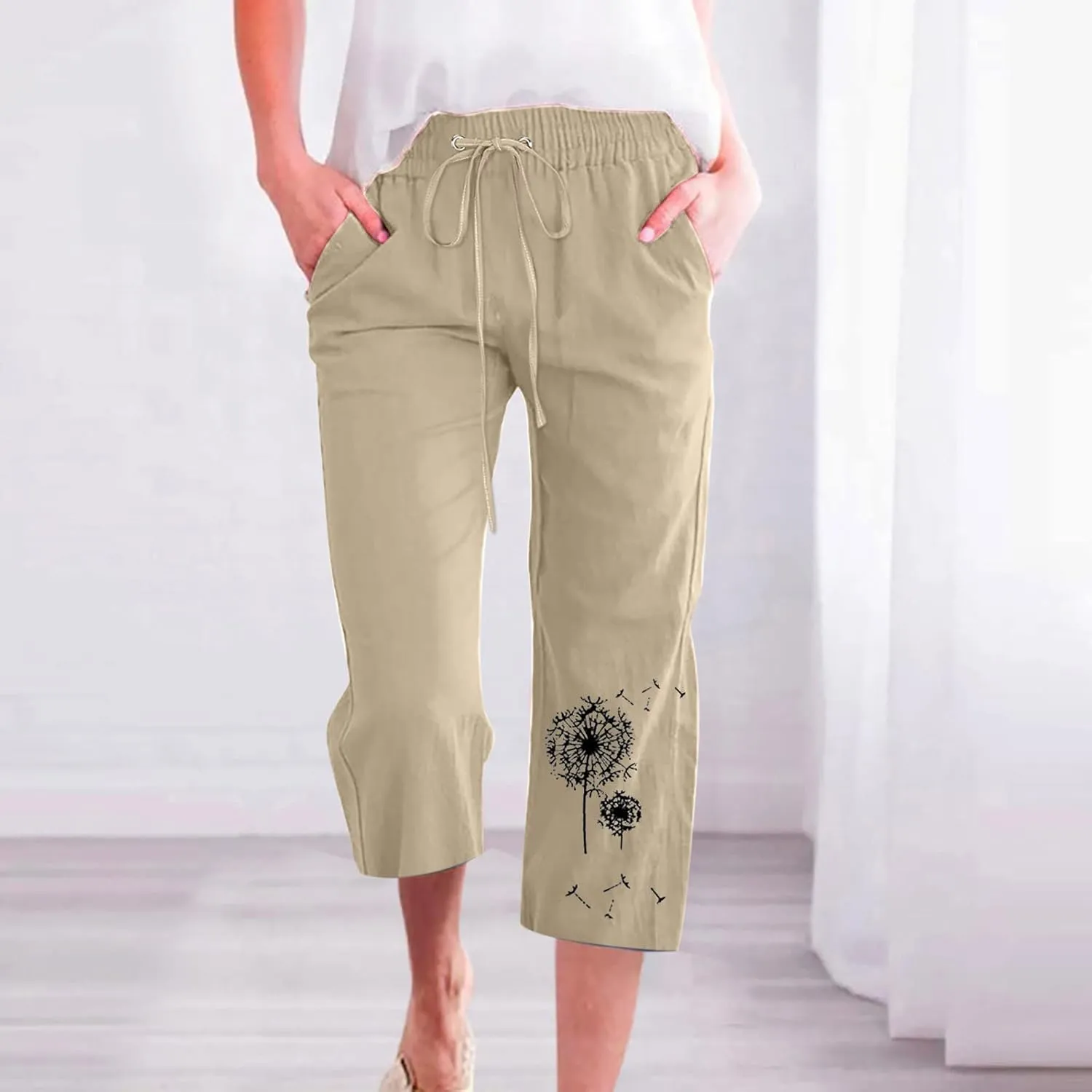 Capri Pants Women Stretch Plus Size Summer Casual Comfy Wide Leg Drawstring Elastic High Waist Linen Straight Trouser