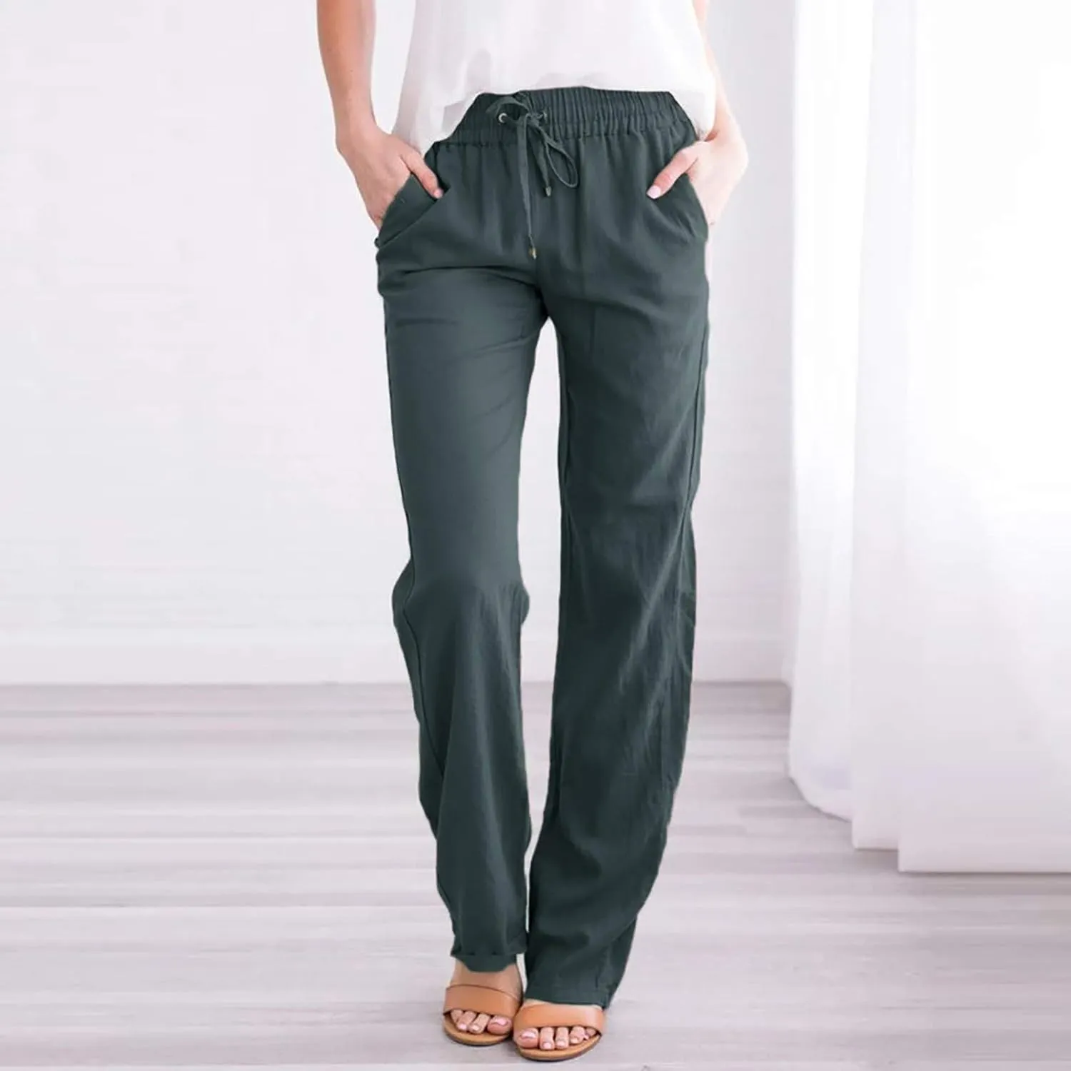 Casual Linen Pants for Women Summer Palazzo Dress Pants Wide Leg Loose Comfy Slacks with Pocket Flowy Long Trousers