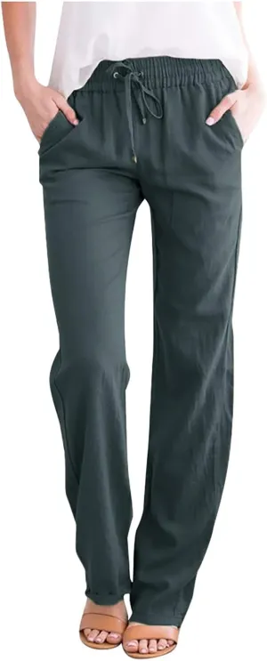Casual Linen Pants for Women Summer Palazzo Dress Pants Wide Leg Loose Comfy Slacks with Pocket Flowy Long Trousers