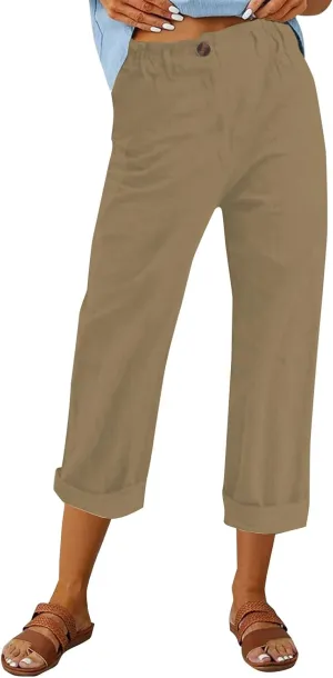 Casual Straight Leg Linen Pants for Women Lightweight Elastic Waist Lounge Pants Summer Beach Trousers with Pockets