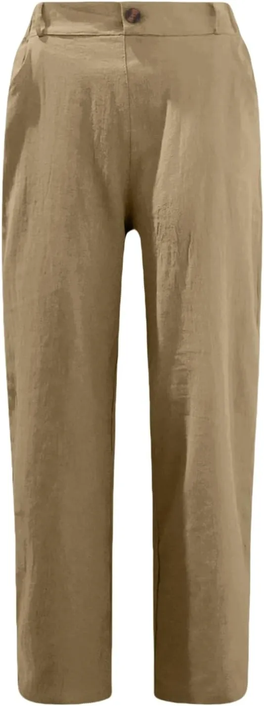 Casual Straight Leg Linen Pants for Women Lightweight Elastic Waist Lounge Pants Summer Beach Trousers with Pockets