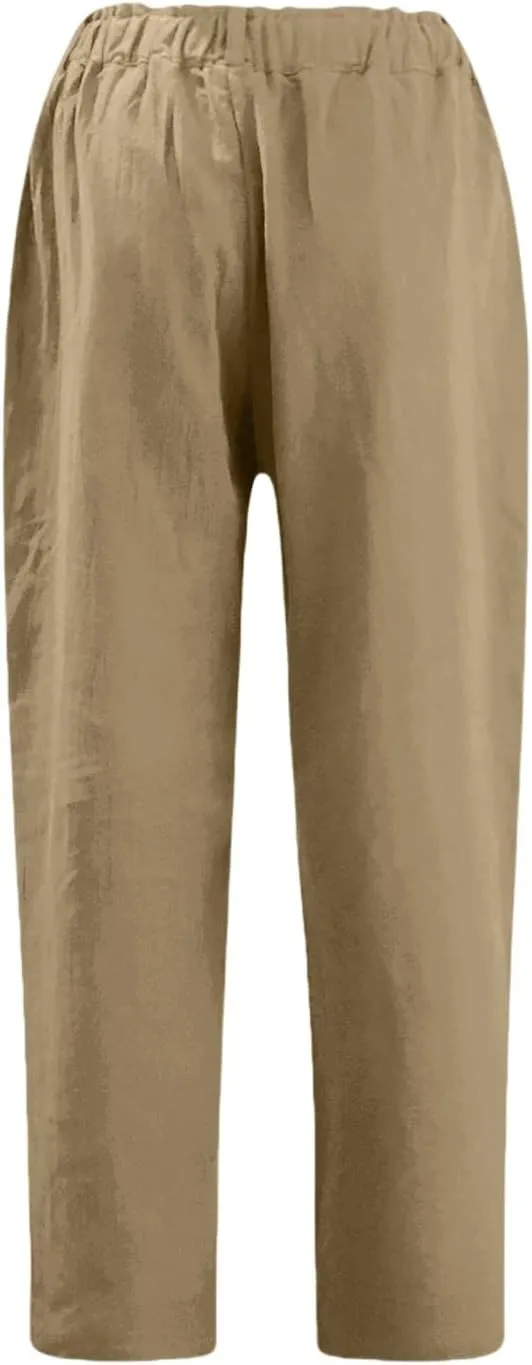 Casual Straight Leg Linen Pants for Women Lightweight Elastic Waist Lounge Pants Summer Beach Trousers with Pockets