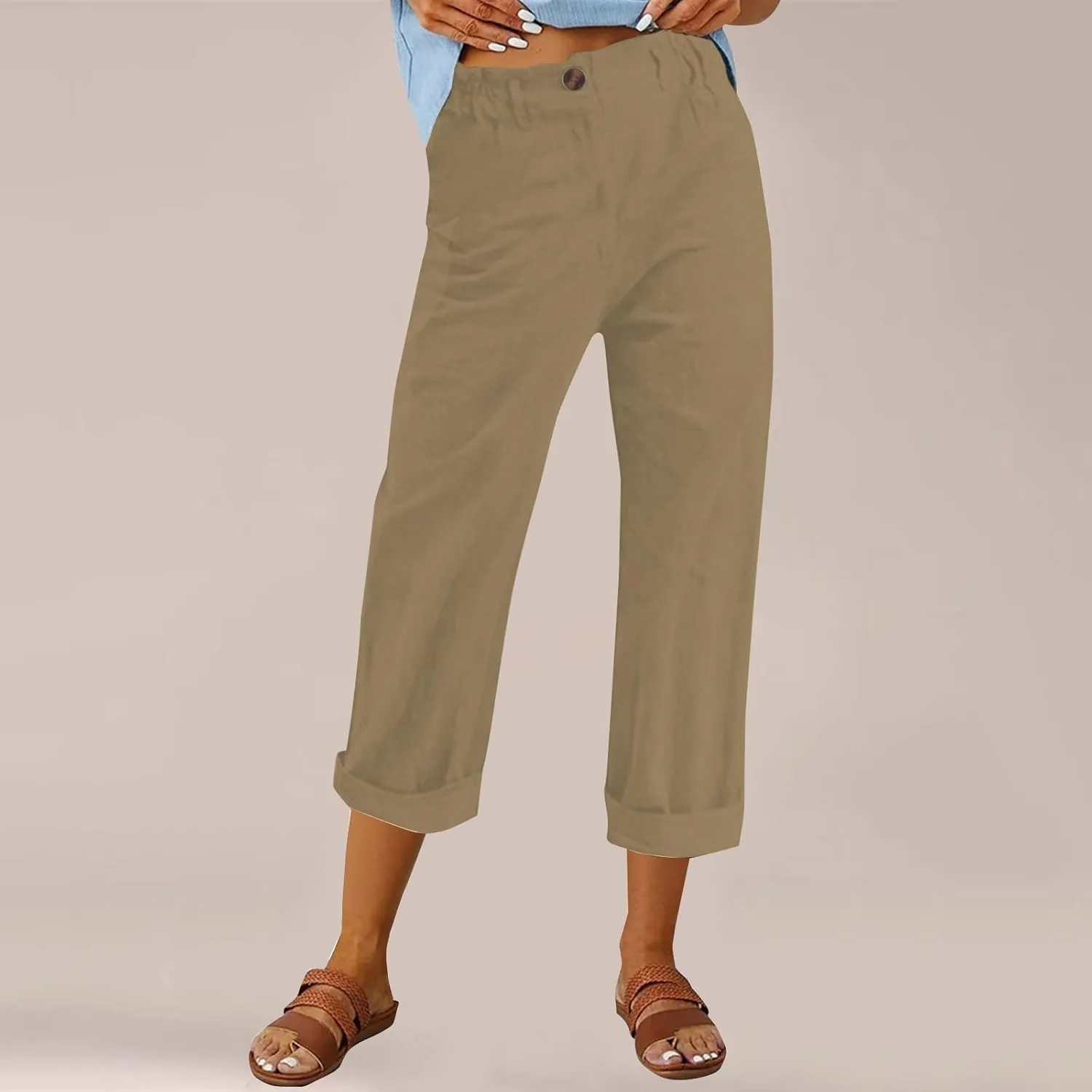 Casual Straight Leg Linen Pants for Women Lightweight Elastic Waist Lounge Pants Summer Beach Trousers with Pockets
