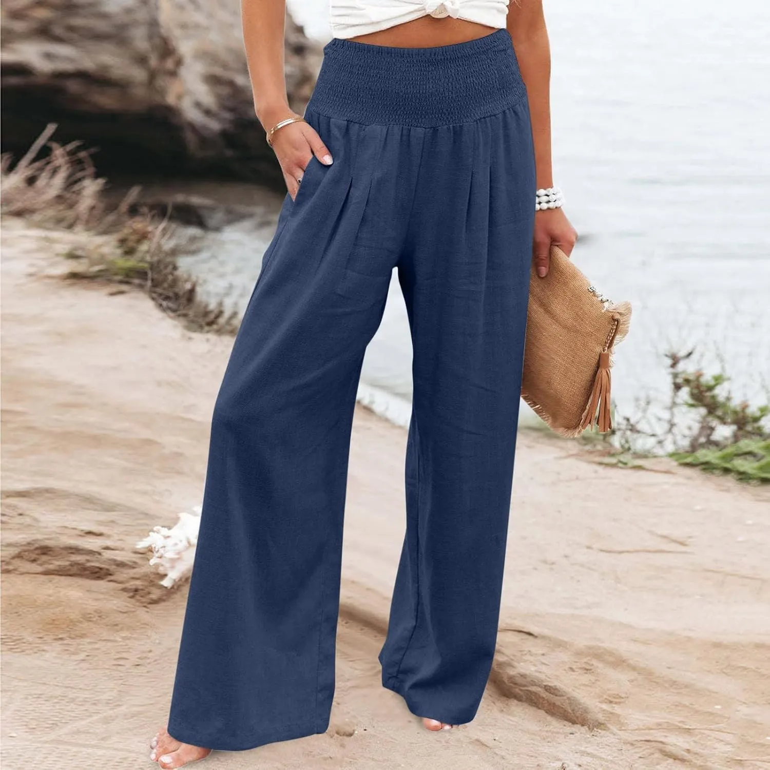 Casual Women Linen Pants Summer Baggy Palazzo Pants Baggy High Waist Loose Slacks Beach Long Trousers 2025 Trendy