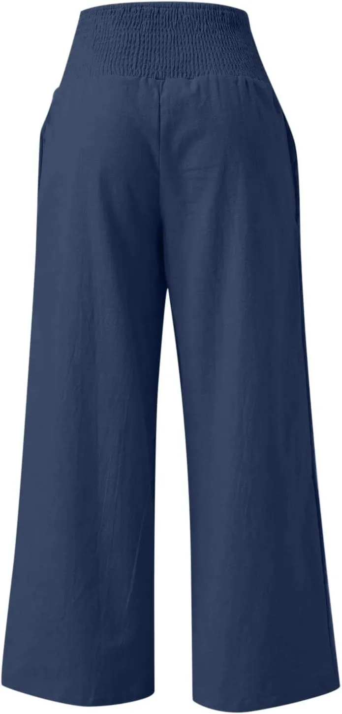 Casual Women Linen Pants Summer Baggy Palazzo Pants Baggy High Waist Loose Slacks Beach Long Trousers 2025 Trendy