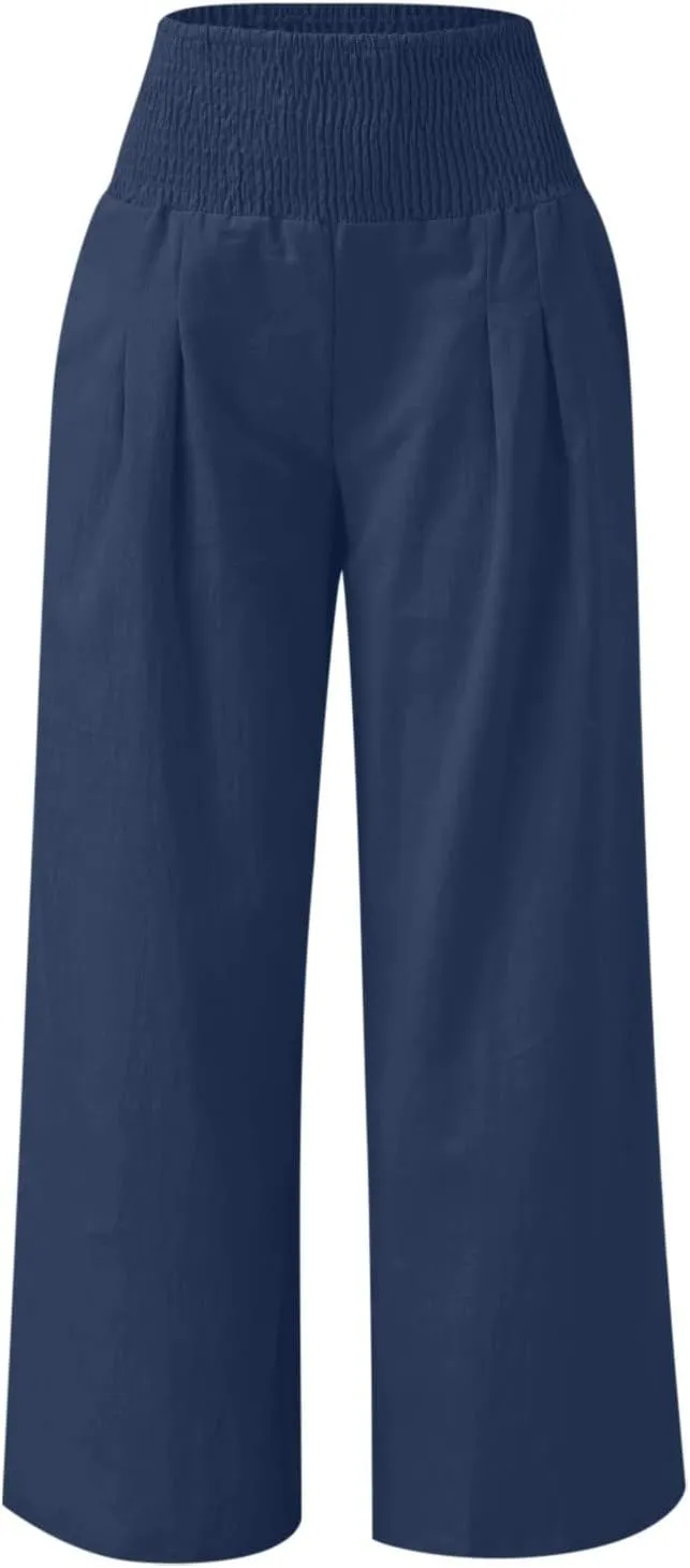 Casual Women Linen Pants Summer Baggy Palazzo Pants Baggy High Waist Loose Slacks Beach Long Trousers 2025 Trendy