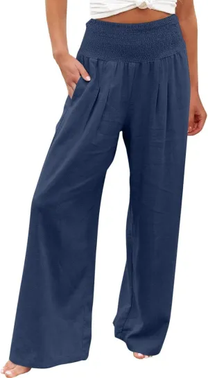 Casual Women Linen Pants Summer Baggy Palazzo Pants Baggy High Waist Loose Slacks Beach Long Trousers 2025 Trendy