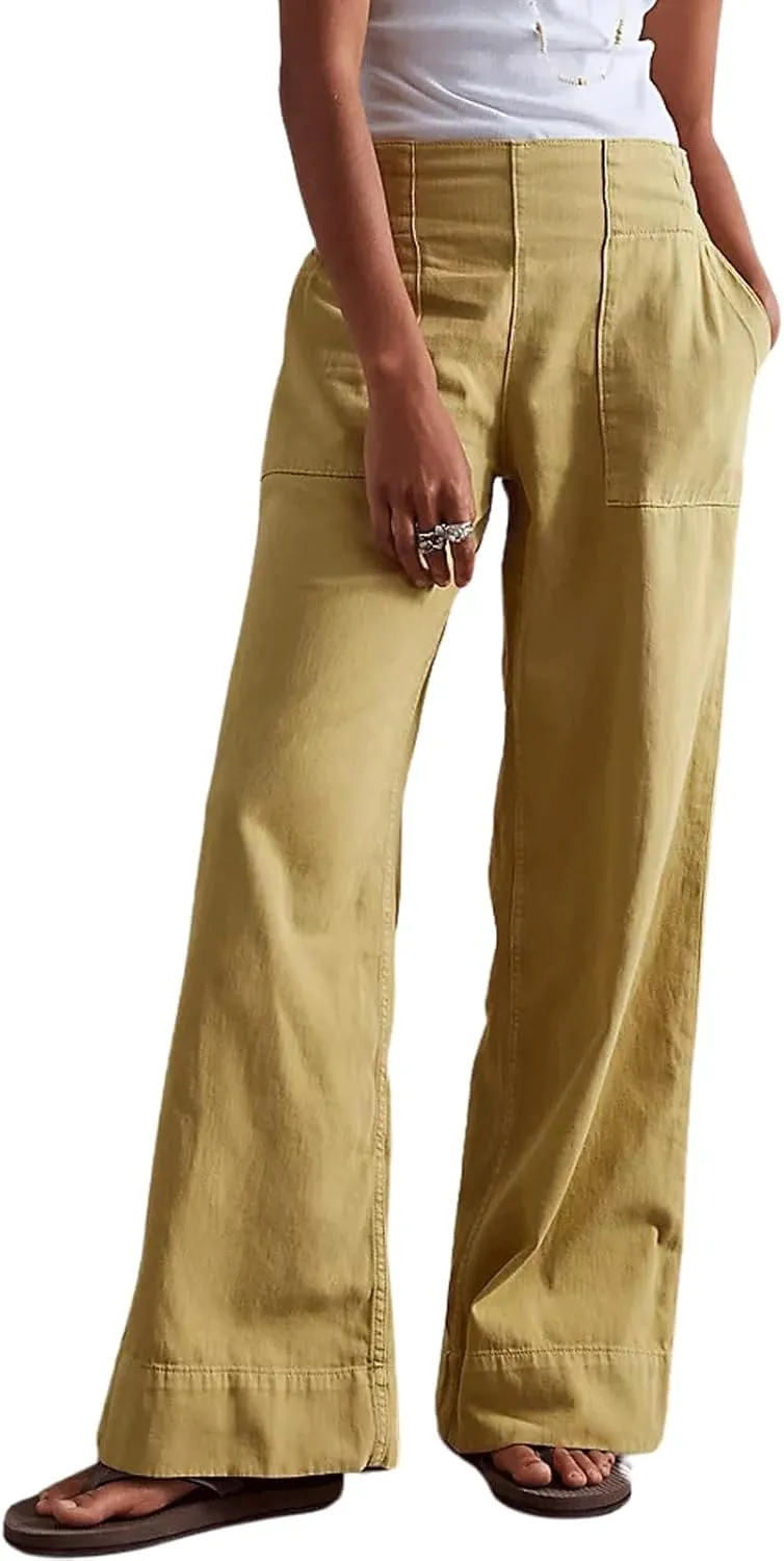 CHARTOU Women Boyfriend Wide Leg Denim Pants Back Smocked High Waist Jean Y2K Trendy Long Pants with Pockets