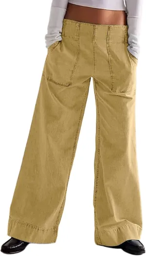 CHARTOU Women Boyfriend Wide Leg Denim Pants Back Smocked High Waist Jean Y2K Trendy Long Pants with Pockets