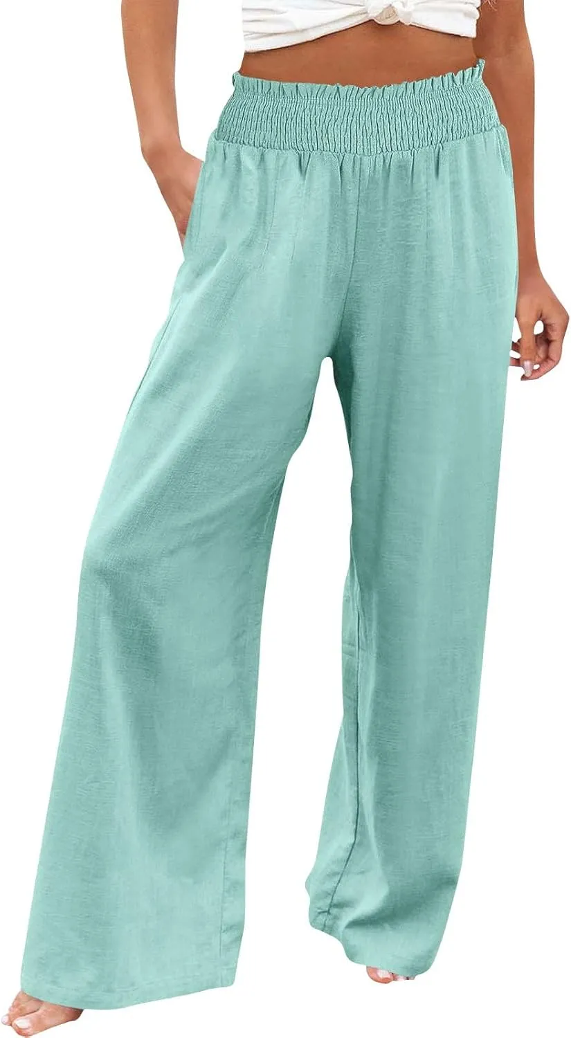 Clothes for Women Women Linen Palazzo Pants Wide Leg High Waist Summer Casual Boho Trousers Travel