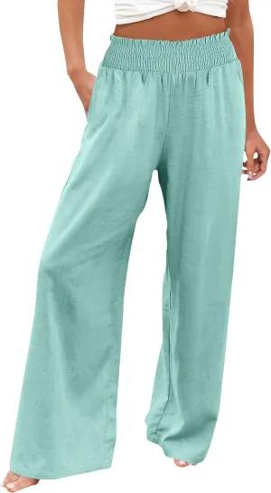 Clothes for Women Women Linen Palazzo Pants Wide Leg High Waist Summer Casual Boho Trousers Travel