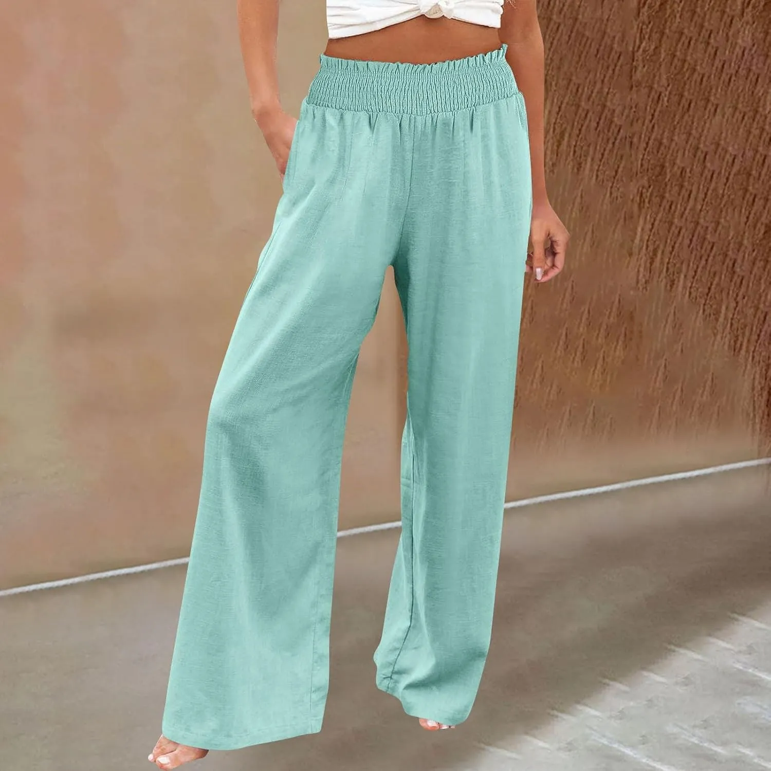 Clothes for Women Women Linen Palazzo Pants Wide Leg High Waist Summer Casual Boho Trousers Travel