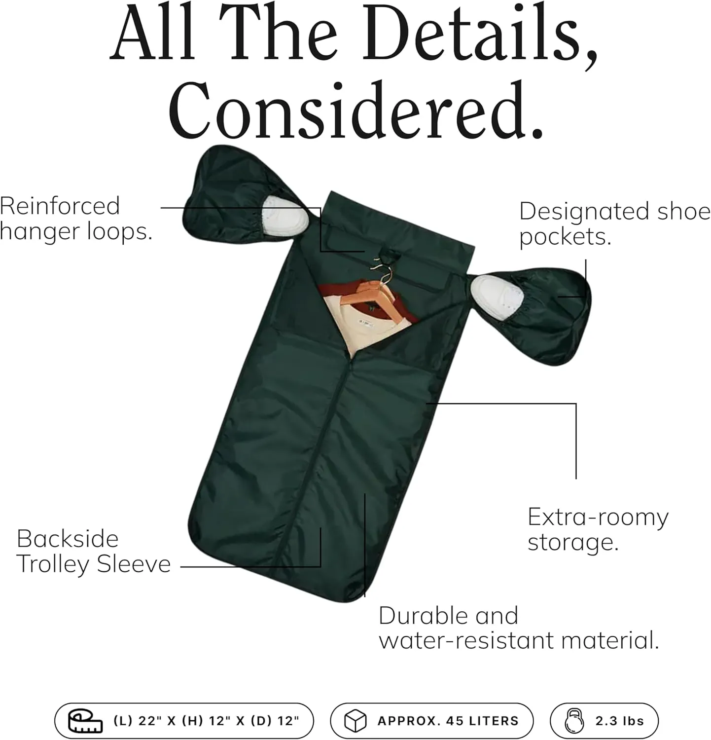 Convertible Garment Duffel Bag 45L  2-in-1 Carry-On Suit Travel Bag with Wrinkle-Free Hanging Compartment, Shoe Pockets & Trolley Sleeve  Weekender for Business Trips, Weddings & Getaways  Hunter